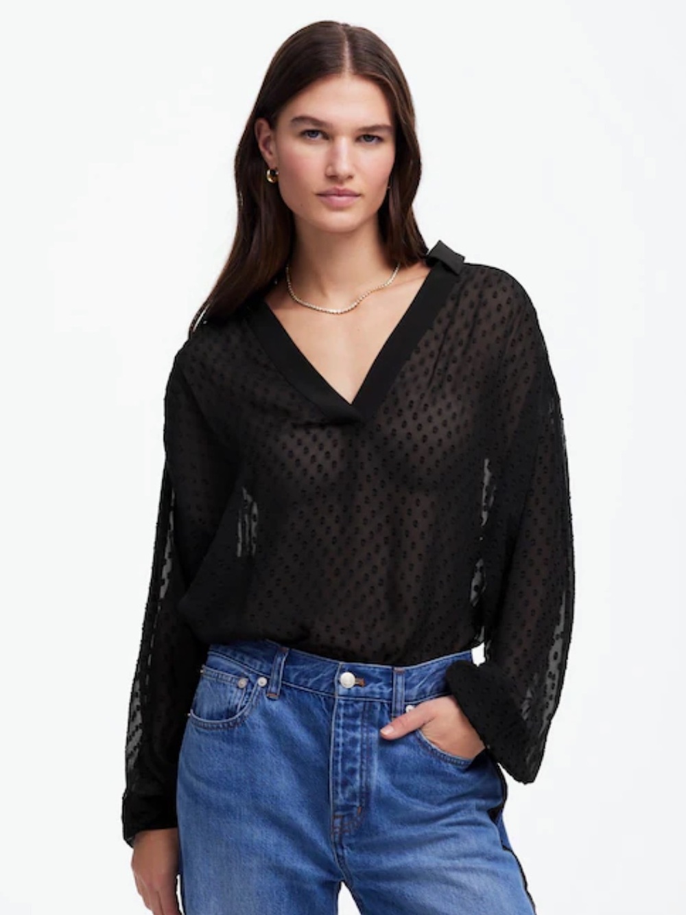 Madewell Black Sheer Dotted Popover Top